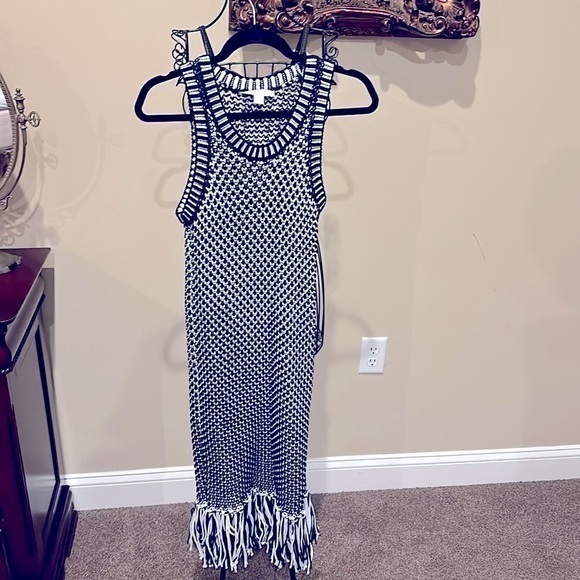 NWOT Michael Kors Navy Blue Sweater Dress with fringe bottom crochet dress small - Picture 1 of 5